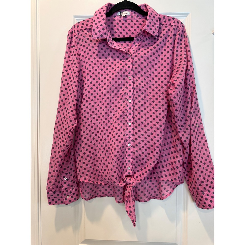 KUT from the Kloth Pink Polka Dot Tie Front Button Down Shirt Large K24754
